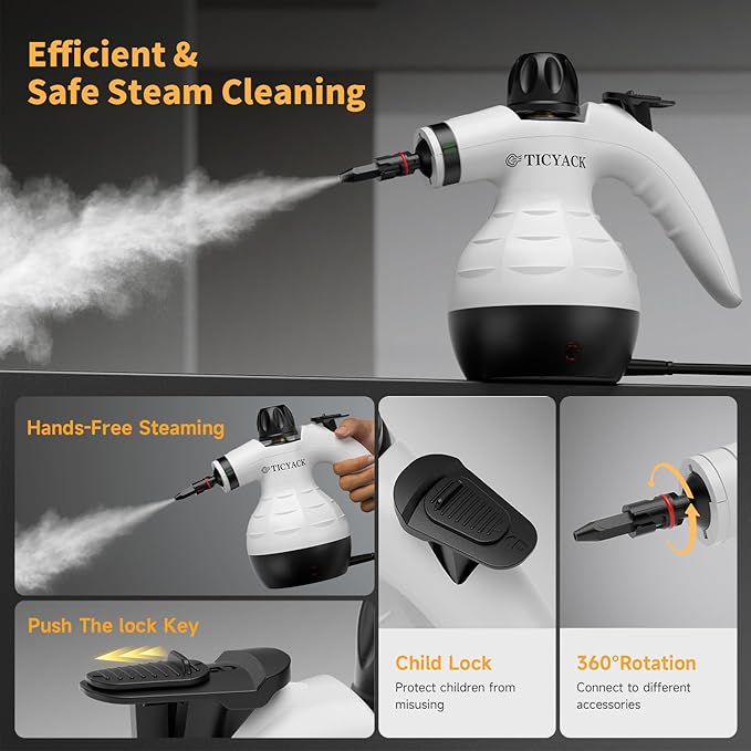 Steam Cleaner, Handheld Steam Cleaner for Home, 16-Piece Steam Cleaner Kit with Automatic Steam Switch, Steamer for Kitchen, Bathroom, Car, Living Room and Multi-Surface Deep Cleaning (White)