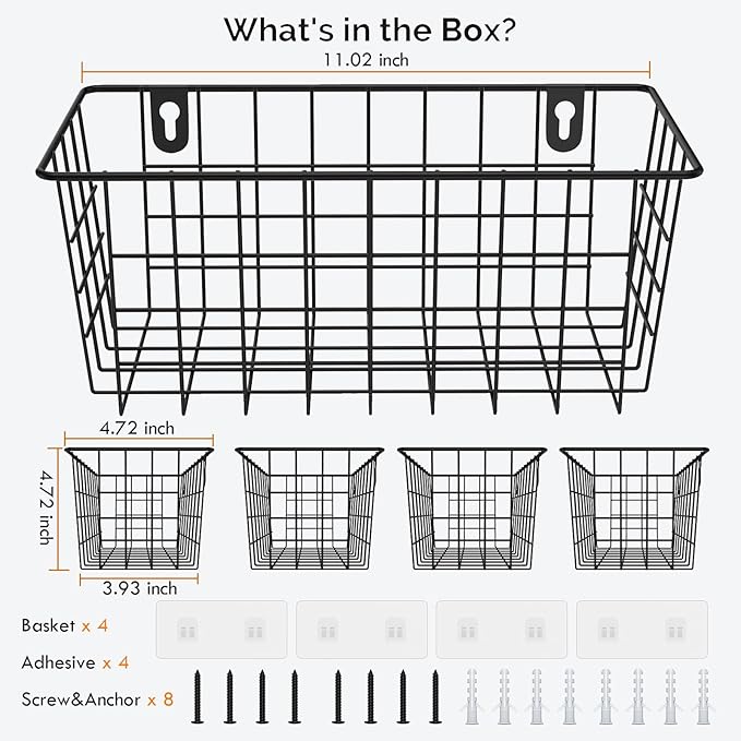 MaraFansie Hanging Wire Baskets Kitchen Storage Basket Adhesive and Screws Basket Over the Cabinet Door Organizer with Adhesive Strips and Screws Accessories, 2 Installations, 4 Pack, Black