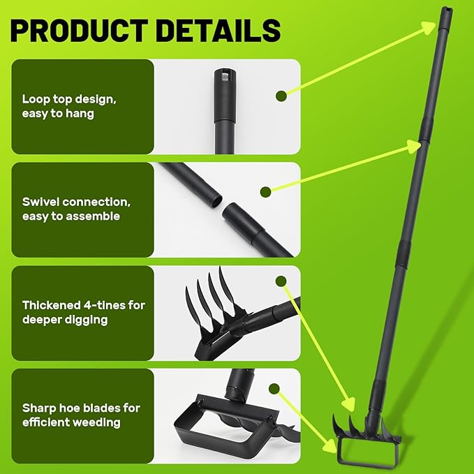 2 in 1 Weeding Tools Gardening Weed Puller with Long Handle,Stirrup Hula Garden Hoe with 4 Tines Rake,Garden Tiller Cultivator with 62.6" Adjustable Handle for Weeding,Seeding,Ditching,Loosening