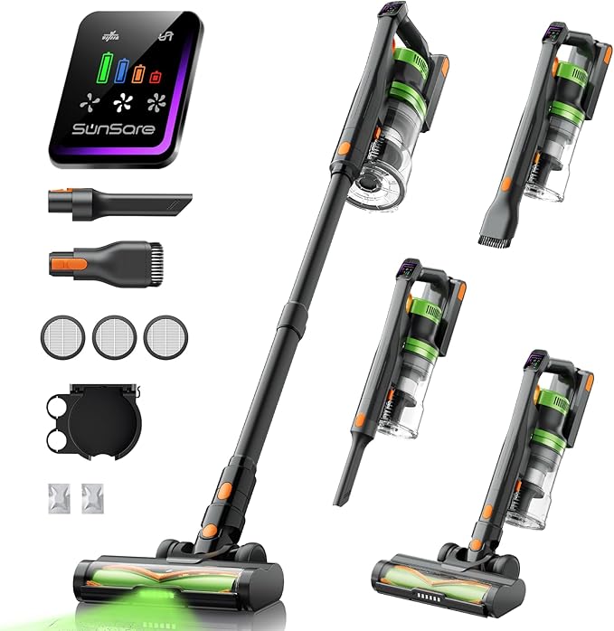 SunSare Cordless Vacuum Cleaner, 50KPa 600W 65Mins Vacuum Cleaner for Home, V-Anti-Tangle Stick Vacuum with Scented Tablet, Upgraded dust Emptying Cup, Vacuum Cordless for Pet Hair/Carpet/Floors