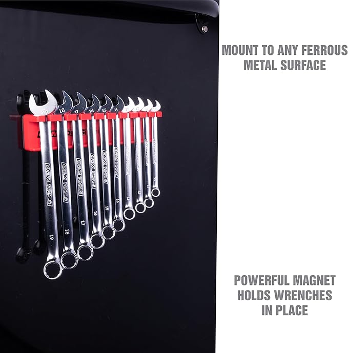 OEMTOOLS 22514 Magnetic Wrench Holder and Tool Organizer, Magnet Holds Up To 10 Wrenches To Most Metal Surfaces, SAE and Metric, 9.25 Inch Magnetic Tool Holder For Shop Or Garage, Red