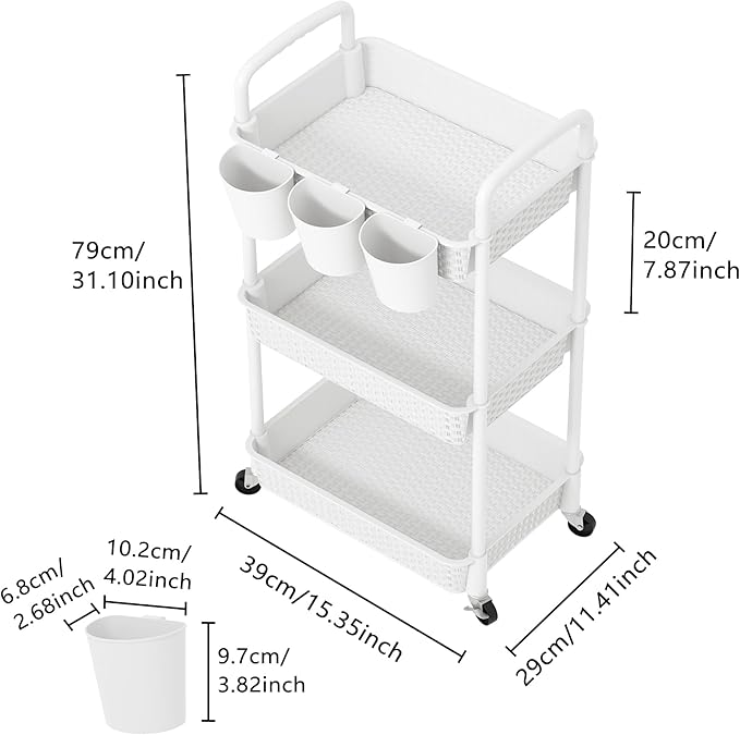 MOYIPIN 3-Tier Plastic Rolling Utility Cart with Handle,Utility Storage Cart for Office, Living Room, Kitchen,Movable Storage Organizer Shelves,White with 4 Hanging Cups