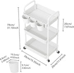 MOYIPIN 3-Tier Plastic Rolling Utility Cart with Handle,Utility Storage Cart for Office, Living Room, Kitchen,Movable Storage Organizer Shelves,White with 4 Hanging Cups
