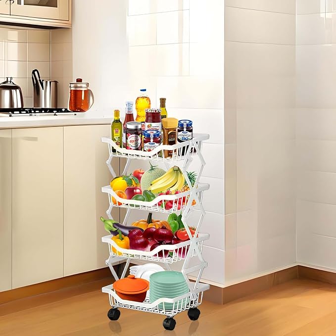 Rolling Rack Storage Cart, Foldable Metal Organizer with casters, Multi-Level Shelf for Kitchen, Office, Laundry, White 4-Tier 14.17" L x 10.71" W x 29.5" H