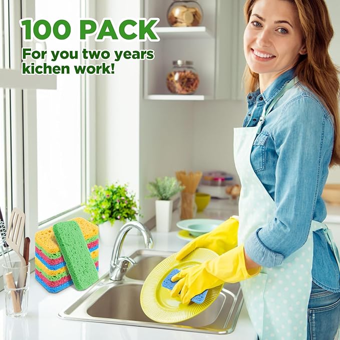 100 Pcs Kitchen Sponge Bulk Natural Sponges for Dishes Compressed Sponges Wood Pulp Cleaning Sponge Without Scratching for Kitchen Bathroom, 3.9 x 2.4 x 0.4 Inch (4 Colors)