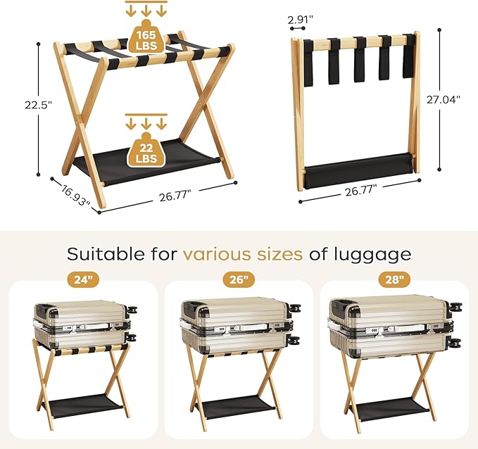 oakvivo Fully Assembled Luggage Racks Pack of 2, Bamboo Natural Foldable Luggage Rack for Guest Room, Suitcase Stand with Fabric Storage Shelf for Hotel, 5 Nylon Straps, 26.77" W x 16.93" D x 22.5" H