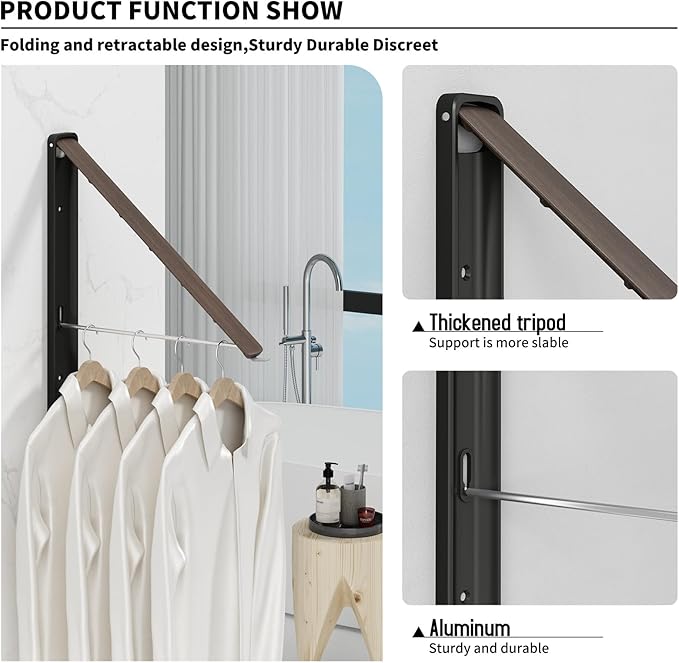 Clothes Drying Rack for Laundry Drying Rack Wall Mounted Clothes Hanger Rack Retractable Laundry Hanger Dryer Rack Space Saving Closet Organizer Aluminium (Walnut)
