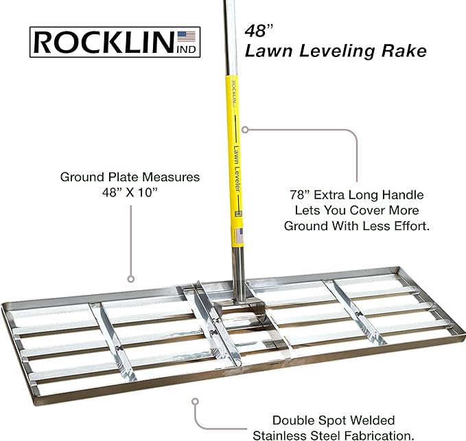 Rocklin™ Lawn Leveling Rake | Levelawn Tool | Level Soil or Dirt Ground Surfaces Easily | 48” x 10” Ground Plate | 78” Extra Long Handle | Stainless Steel
