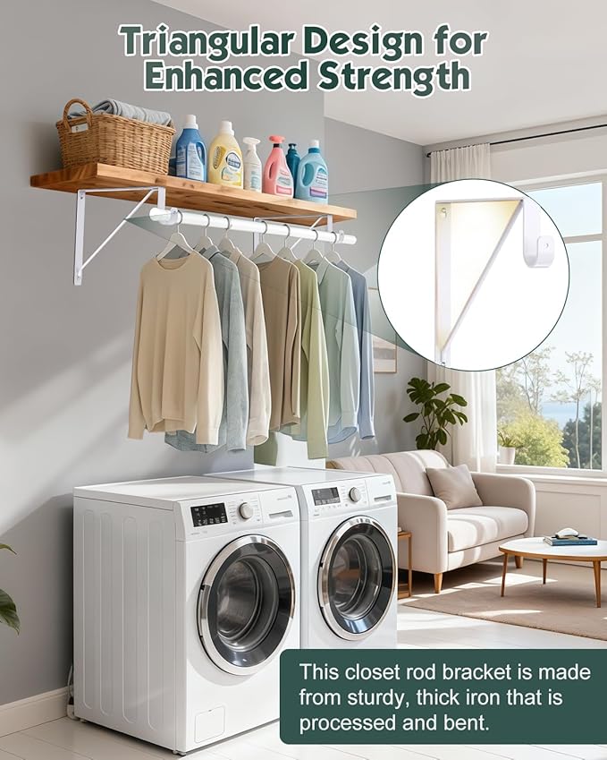 Supforce 4 Pack Closet Rod Bracket, Heavy Duty Closet Rod Support with Rod Holder, Wall Mounted Closet Shelf Brackets with Triangle Stabilizing Design for Closet, Bathroom and Kitchen, White