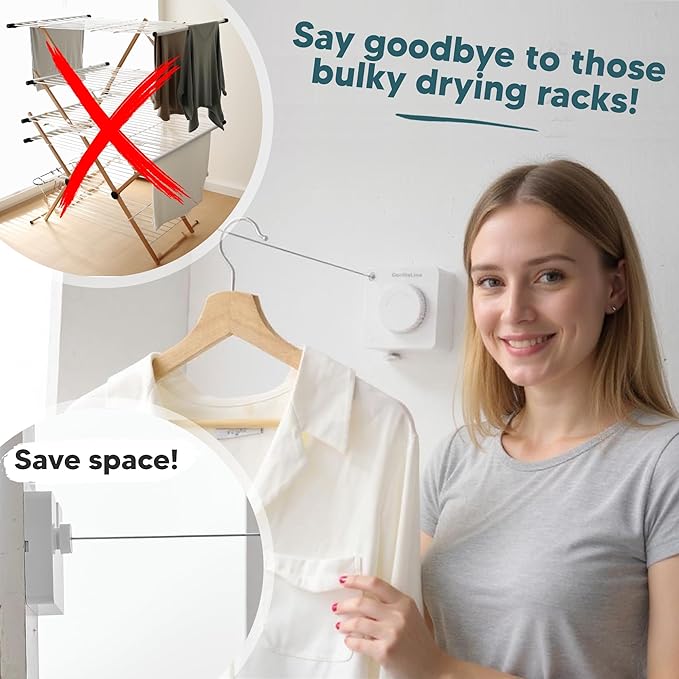 GorillaLine Basic - Retractable Clothesline Indoor Outdoor Clothes Line - Heavy Duty Clothes Drying Laundry Line - Wall Mounted Drying Rack - Air Dry Clothing - 15ft line Max Tighten with GorillaGrip