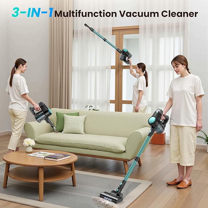 N3T Cordless Vacuum Cleaner,Wireless Stick Vacuum with 40mins Runtime,Self-Standing,Anti-Tangle Brush,Rechargeable Lightweight Vacuum Cleaner for Home,Hardwood Floor,Pet Hair, Carpet-Green