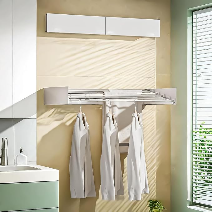 Laundry Drying Rack Collapsible, Wall Mounted Clothes Drying Rack. 31.5" Wide, 13.1 Linear Ft, 5 Aluminum Rods, with Wall Template, Screwdriver Bit(White)