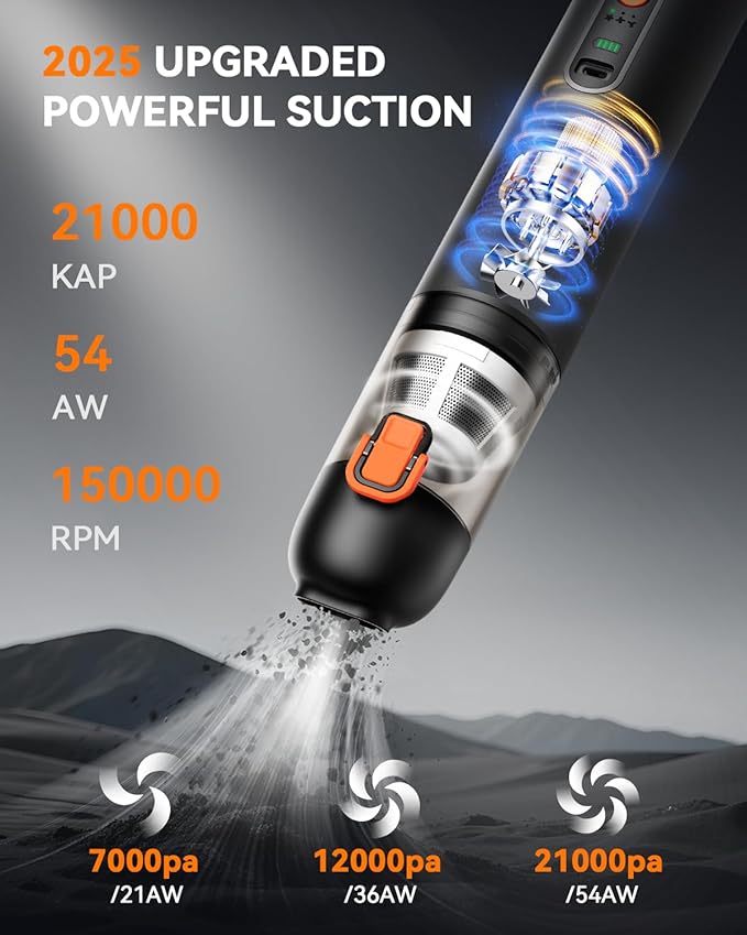 Car Vacuum, Handheld Vacuum Cordless with 21000Pa Powerful Suction & 3 Modes, 4-in-1 Portable Hand Held Mini Vacuum Cleaner Rechargeable, Ultra Light for Car Home Office (Black)