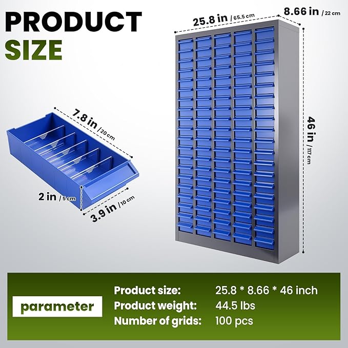100-Drawer Grey Parts Cabinet, ABS Material Nuts Bolts Screw Nail Bins Tool Storage Cabinet Screw Drawer Organizer, Heavy-Duty Industrial Parts Cabinet for Workshop, Office, Hardware (100 Drawers)