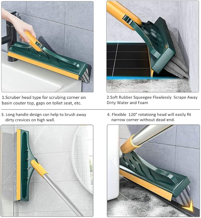 2 in 1 Floor Brush Scrubber with Long Handle Upgrade 3 Poles 53.5'' Grout Brush Scrape Stiff Bristle Cleaning Scrub Brush with Squeegee 120°Rotating Tile Brush for Cleaning Bathroom Glass Kitchen