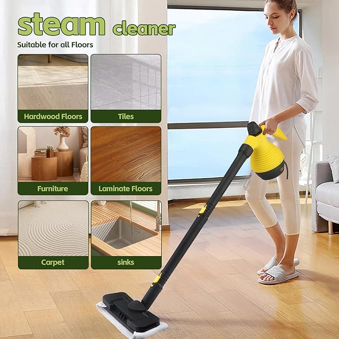 Steam Mop with Detachable Handheld Steam Cleaner,350ml 1050W Floor Steamer Cleaner for Home with 16 Accessory Kit, Multi-Purpose Steamer for Cleaning Floor, Tile, Windows, Couch, Grout,Dirt（yellow）