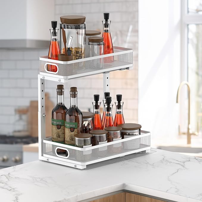 Under Sink Organizer, High Adjustable 2 Tier Under Sink Organizers and Storage, Slide Out Metal Cabinet Organizers, Pull Out Storage Drawer Shelf for Kitchen Bathroom Cabinet, White, 2 Pack