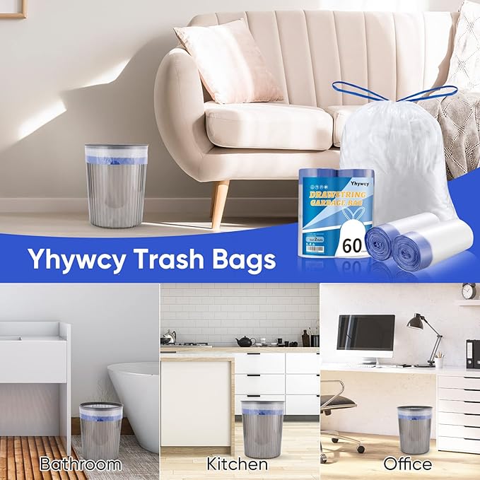 Trash Bags 6 Gallons Drawstring Garbage Bags 60 Count for Office, Living Room, Kitchen and Bathroom Trash Cans- Thickened, Stretchy, Unscented