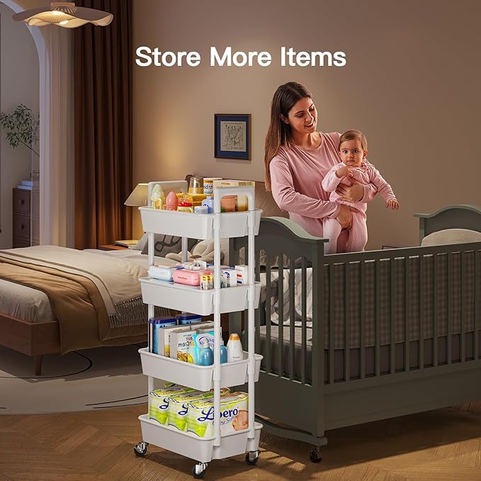 Pipishell 4 Tier Rolling Cart Organizer, Plastic Rolling Cart with Lockable Wheels & Reinforced Handle, Lightweight Utility Cart Storage Cart for Nursery, Kitchen, Bathroom, Craft Room, White, PIUC15W