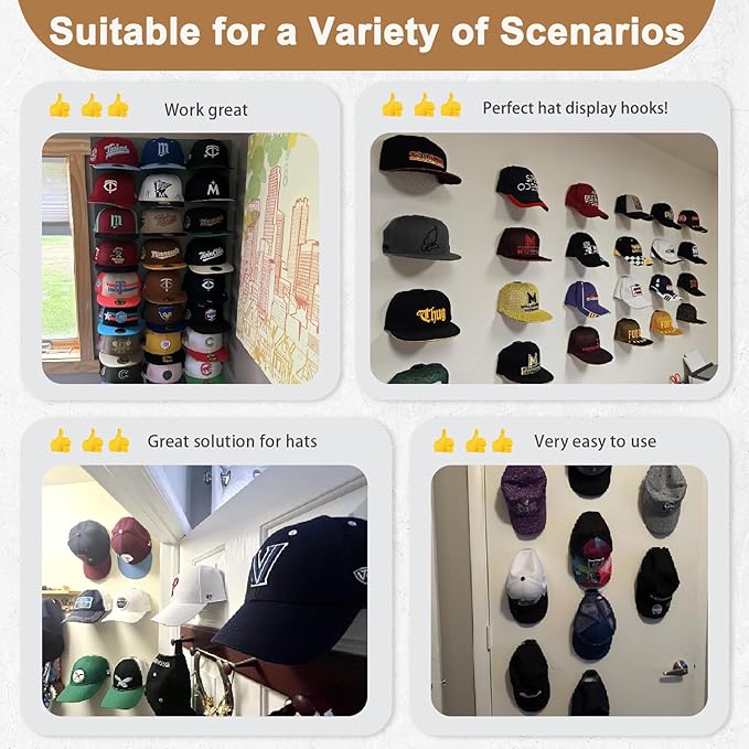 22 Pack Adhesive Hat Hooks for Wall, Super Strong Hat Rack for Baseball Caps, Hat Organizer Display for Home Decor, Hat Hangers Holder for Wall, Door, Closet, No Drilling - USA Patented (Black)