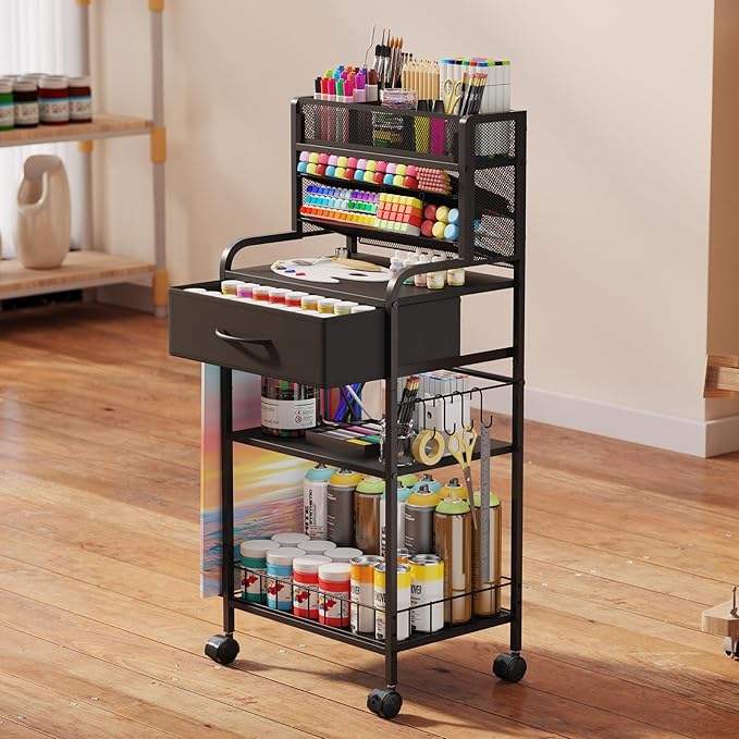 Art cart, 3 Tier Rolling Cart - Utility Cart with Storage Drawer and Wheels, Versatile Art & Craft Organizer for Home, Office, or Studio Ideal for Storing Brushes, Paints (Black)