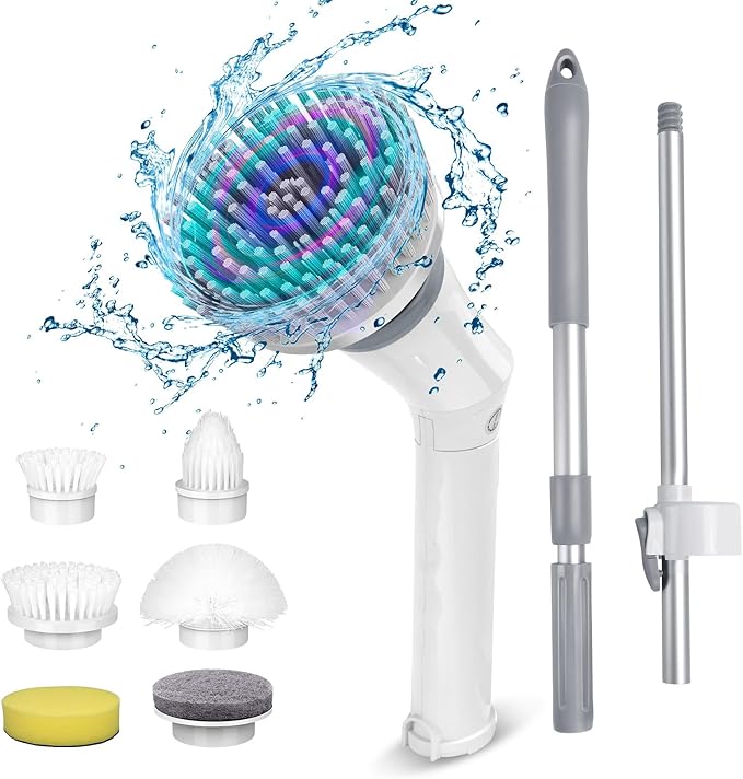 Qimedo Handheld Spin Scrubber with Extended Long Handle, Rechargeable Electric Scrubber for Cleaning, Cordless Power Dish Scrubber with 6 Brushes for Bathtub Grout Tile Floor