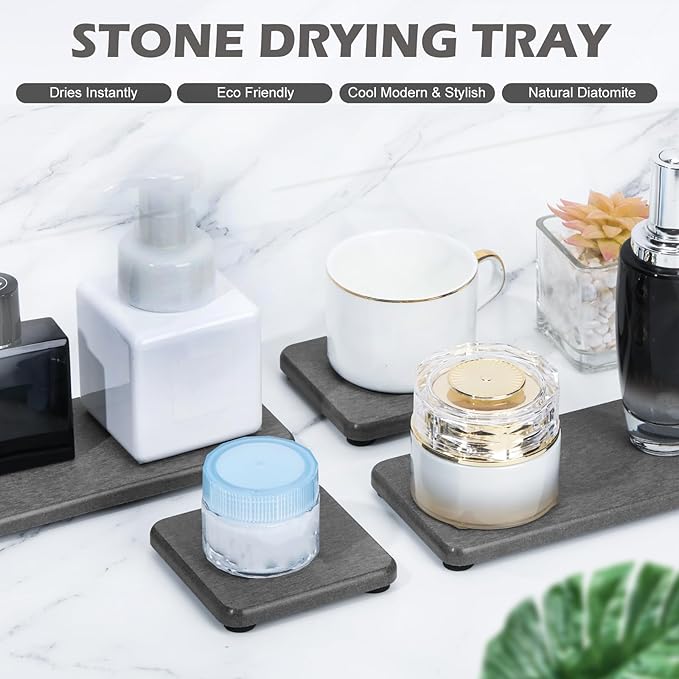 4PCS Water Absorbing Stone Tray for Sink, Fast Drying Stone Sink Tray, Water Absorbent Diatomite Trays, Stones Soap Diatomaceous Coaster, Stones Drying Trays for Bathroom Sinks and Kitchen Counter