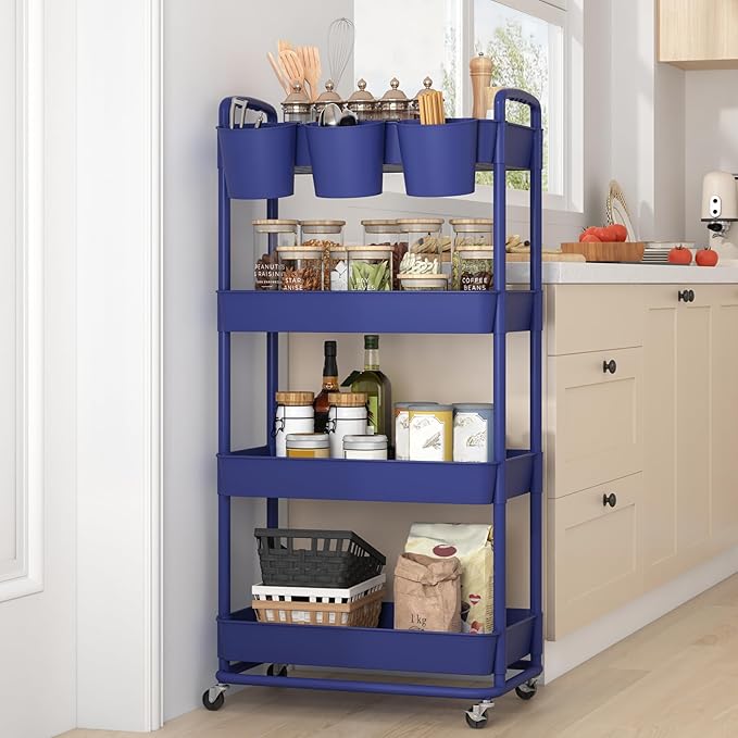 JIUYOTREE 4-Tier Plastic Rolling Storage Cart Utility Cart with Extra Hanging Cups Handles Lockable Wheels for Living Room Bathroom Kitchen Office Blue