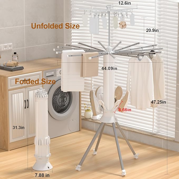 Clothes Drying Rack Foldable, 4-Legged Portable Drying Rack Clothing with 20 Clips, Shoe Dryer Rack, Outdoor Laundry Drying Racks with 4 Pulleys, Aluminum Hanging Dry Rack for Clothes,Socks,Towel