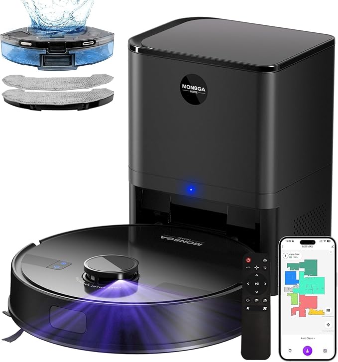 MONSGA Robot Vacuum and Mop Combo, 5000Pa Robotic Vacuum with 3.5L Self Emptying Station, Lidar Navigation Robot Vacuum Cleaner, 180mins Runtime, APP/Remote/Voice Control, for Hard Floors and Carpets