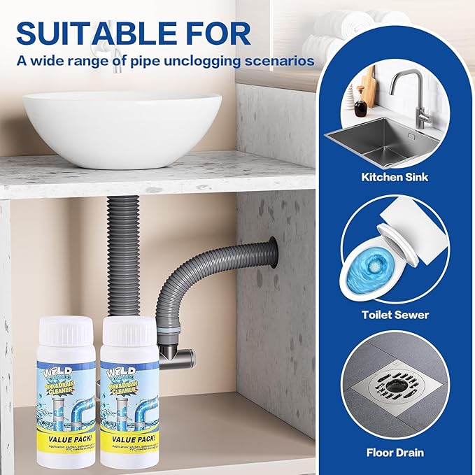 Wild Tornado Pipe Dredge, Powerful Sink and Drain Cleaner, Drain Cleaner Powder, Quick Sink Unblocker for Kitchen Toilet Pipes (2pcs)