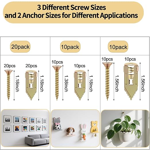 80PCS Self Drilling Drywall Anchors and Screws Kit, Upgraded 3 Sizes Zinc Plated Steel Self Drilling Drywall Anchors Screws, No Pre-Drill No Holes, Metal Screw Anchors Kit for Wall Hanging