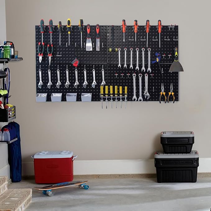 48x24 inch Black Metal Pegboard Kit for Wall Organization with Hooks, Garage Storage Bins, and Utility Tool Board, Efficient Tool Organizer Peg Board