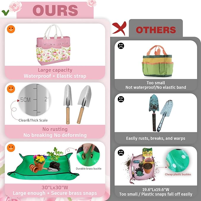 22PCS Garden Tools Set for Women,Heavy Duty Hand Tool Kit Included Handy Tote Bag/Trowel/Repotting Mat/Rake/Pruner/Gloves/Plant Tags,Garden Supplies Gardening Gifts for Beginner Mom-Pink