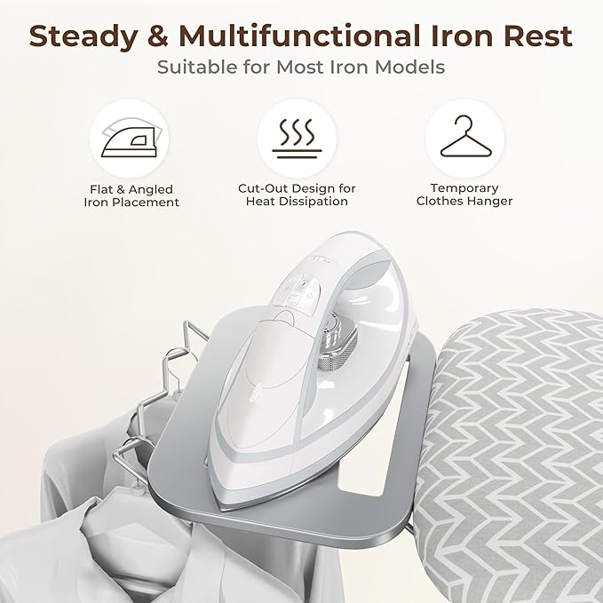 Yaheetech Foldable Ironing Board, Heavy Duty Iron Board with 9 Adjustable Heights, 4 Layer Cover and Safety Iron Rest, 52X14 Compact and Space Save Iron Board for Home Laundry Room Use, Gray&White