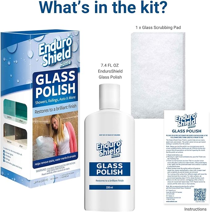 Shower Door Glass Polish – Water Spot Remover & Hard Water Stain Cleaner for Cloudy Shower Doors – Removes Soap Scum, Limescale & More – 7.4 fl oz