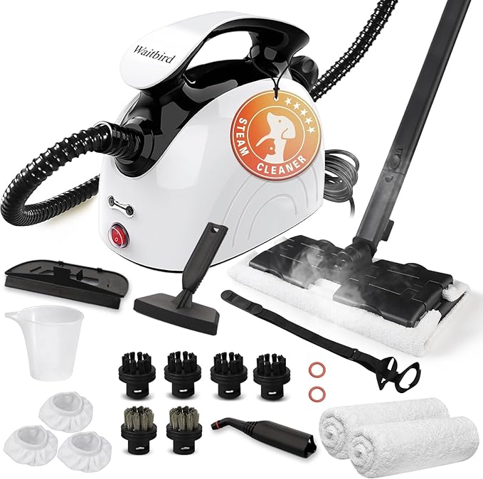 Steam cleaner, equipped with 21 specialized accessories, 1.08-liter water tank, 248°F high-temperature steam, suitable for floors, tile grout, tiles, carpets, and cars, chemical-free cleaning (White)
