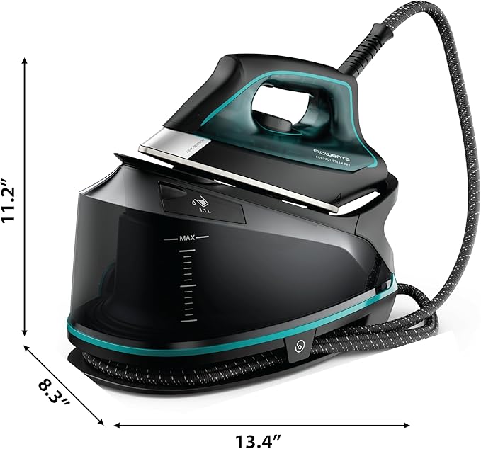 Rowenta Iron for Clothes, High Pressure Steamer Iron with Boiler System, 400 Steam Holes, Vertical Steaming, 37oz Tank, Stainless Steel Soleplate, Auto-Off 1800 watts, Black Green, DG7626