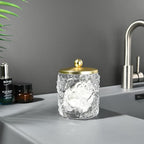 Clear Transparent Apothecary Floral Embossed Glass Jar With Gold Metal Lid Cover for Bathroom Organization, Cotton Balls, Q Tips, and Small Accessories, Bathroom Storage