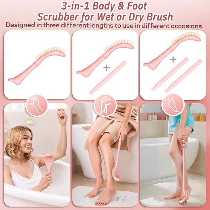 Foot Brush/Foot File/Silicone Body Scrubber Set(3PCS), 3-in-1 Foot Scrubber with Long Handle, 10.2’’-27.5’’Adjustable Foot Scrub Brush with Foot File and Silicone Loofah, Gift-Box(Pink Set)
