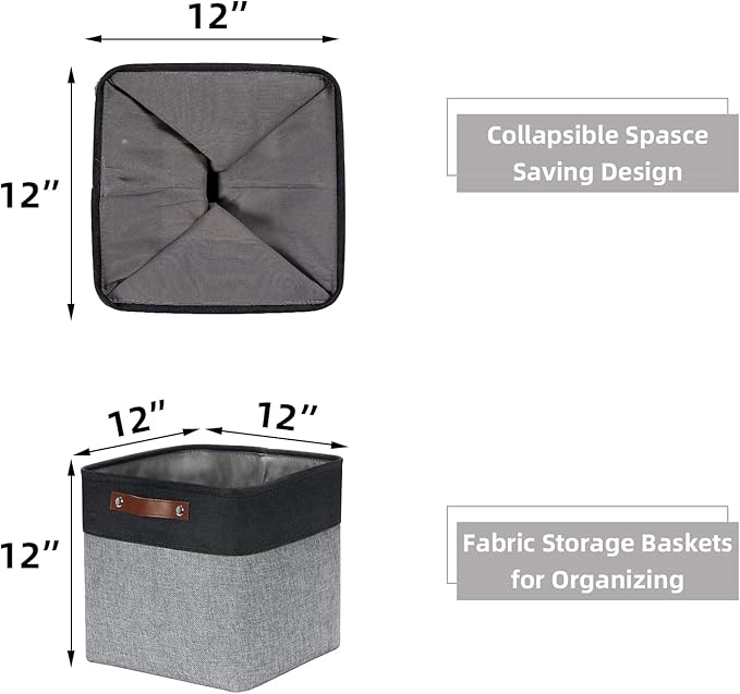 HNZIGE Decorative Storage Basket(4 Pack) Linen Cube Storage Baskets for Organizing Toys,Books,Towels,Blankets,12x12 Baskets for Storage Clothes with Handles(Black&Grey)