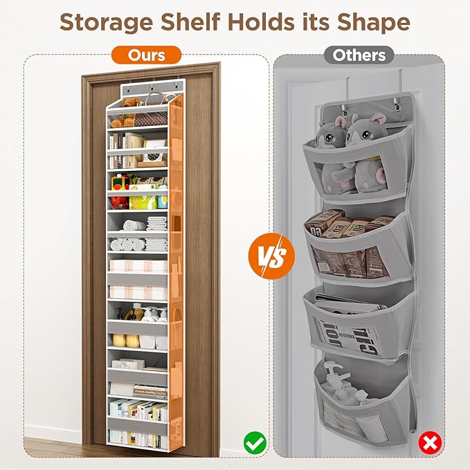 Over The Door Organizer, 8 Shelf Door Hanging Organizers with 8 Large Capacity Pockets, Back of Door Organizer Storage Hanging Shelves for Closet Bathroom Bedroom Nursery