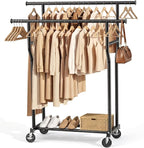 Clothes Rack, Double Rods Rolling Clothing Rack for Hanging Clothes Load 260 LBS Closet Rack with Wheels, Metal Portable Garment Rack for Bedroom Laundry Living Room, Black