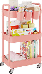 UDEAR 3-Tier Rolling Utility Cart,Multifunctional Storage Shelves with Handle and Lockable Wheels for Room,Office,Kitchen,Bathroom,with 3 Hanging Cups,Pink
