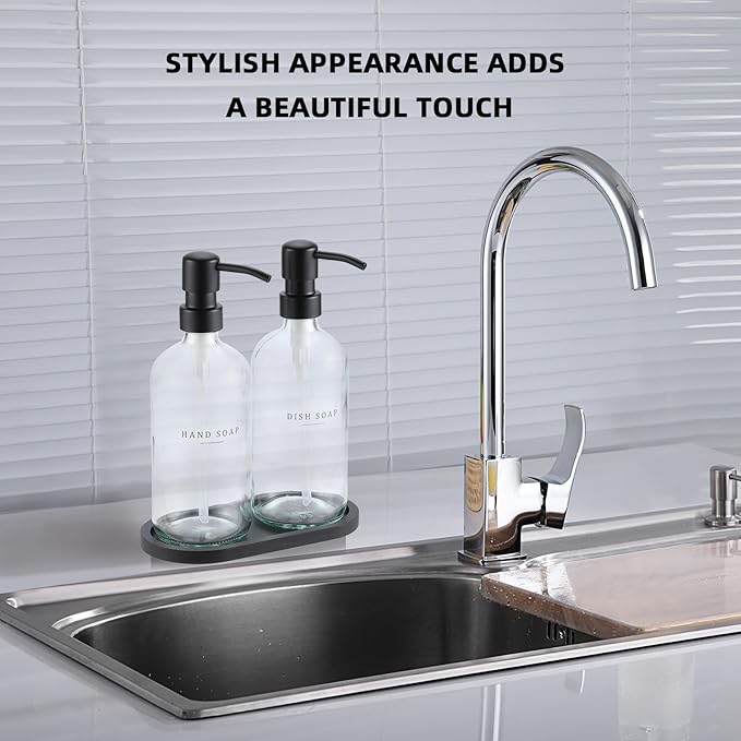 Glass Soap Dispenser - Dish Soap Dispenser for Kitchen, Hand Soap Dispenser Set, Bathroom Soap Dispenser with 304 Rust Proof Pump, Soap Dispenser for Kitchen with Tray, Clear Bottle/Black Pump