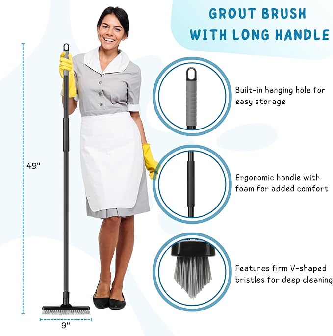 Grout Brush for Tile Floors, Grout Scrubber with Long Handle, 49'' Shower Grout Cleaning Tool