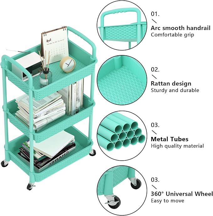 MOYIPIN 3-Tier Plastic Rolling Utility Cart with Handle,Utility Storage Cart for Office, Living Room, Kitchen,Movable Storage Organizer Shelves,Turquoise