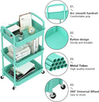 MOYIPIN 3-Tier Plastic Rolling Utility Cart with Handle,Utility Storage Cart for Office, Living Room, Kitchen,Movable Storage Organizer Shelves,Turquoise