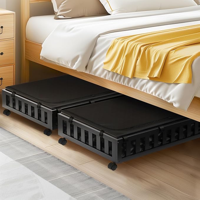 2 Pack Bamboo Under Bed Storage with Wheels, 39”x20”x7.8” Lager Under Bed Storage Containers (Black)
