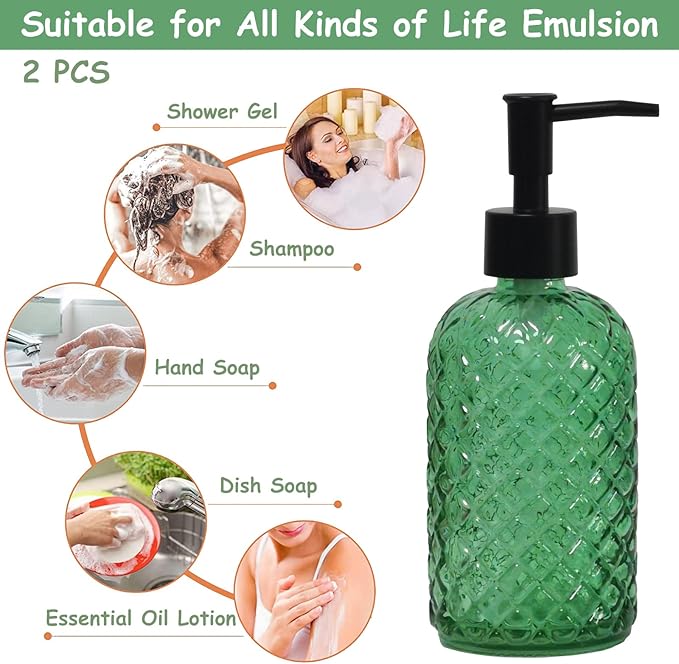 Green Glass Soap Dispenser with Black Pump, 13.5oz Liquid Hand Soap Dispenser Set, Dish Soap Lotion Dispenser for Modern Home Decor, Bathroom, Kitchen Countertop, Hotel(2 Pack)